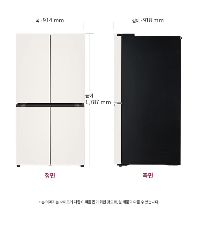 냉장고의 정면과 측면 이미지가 나란히 있습니다. 정면의 폭은 914mm, 높이는 1,787mm이며, 측면의 깊이는 918mm입니다. 하단에는 본 이미지는 사이즈에 대한 이해를 돕기 위한 것으로, 실 제품과 다를 수 있습니다.라는 문구가 있습니다.