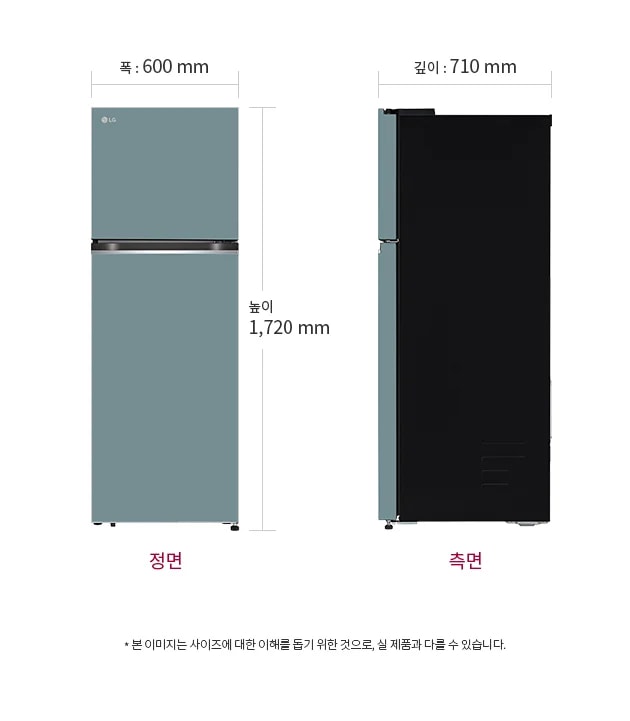냉장고의 정면과 측면 모습이 나란히 배치되어 있습니다. 정면의 폭은 600mm, 높이는 1,720mm로 표시되어 있으며, 측면의 깊이는 710mm로 표시되어 있습니다. 이미지 하단에는 본 이미지는 사이즈에 대한 이해를 돕기 위한 것으로, 실 제품과 다를 수 있습니다.라는 문구가 포함되어 있습니다.