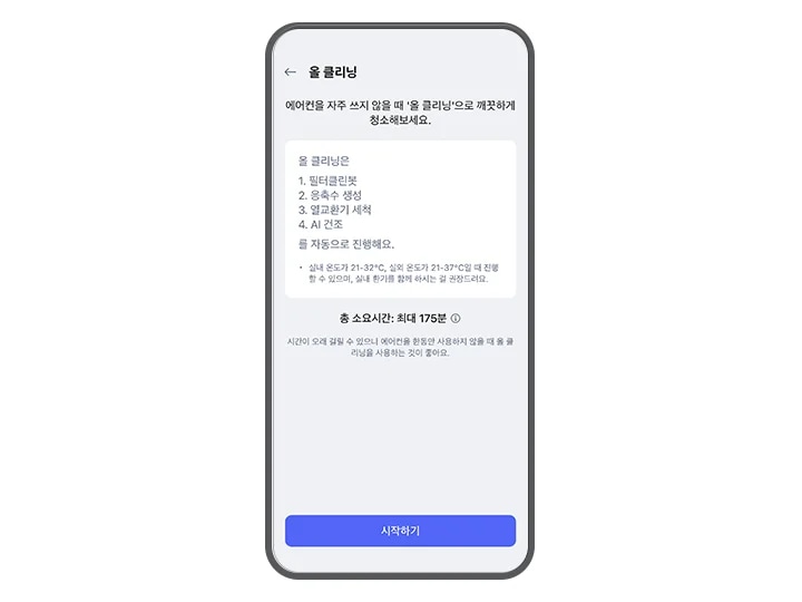 물 클리닝 기능에 대한 설명이 스마트폰 ThinQ 앱 화면에 표시되어 있습니다. 상단에는 물 클리닝이라는 제목이 있으며, 에어컨을 자주 쓰지 않을 때 올 클리닝으로 깨끗하게 청소해보세요.라는 안내 문구가 있습니다. 물 클리닝 과정은 1. 필터클린봇, 2. 응축수 생성, 3. 열교환기 세척, 4. AI 건조 순서로 자동 진행된다고 설명되어 있습니다. 또한, 실내 온도가 21~32℃, 실외 온도가 21~37℃일 때 진행할 수 있으며, 실내 환기를 함께 하시는 걸 권장드려요.라는 주의 사항이 포함되어 있습니다. 총 소요 시간은 최대 175분이라고 명시되어 있으며, 시간이 오래 걸릴 수 있으니 에어컨을 한동안 사용하지 않을 때 올 클리닝을 사용하는 것이 좋아요.라는 권장 문구가 포함되어 있습니다. 화면 하단에는 시작하기라는 파란색 버튼이 있습니다.