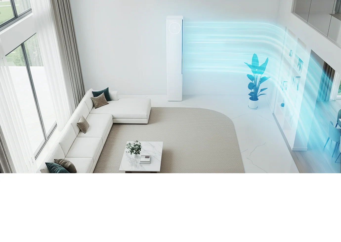 넓은 거실을 위에서 내려다본 장면으로, 오른쪽 벽 중앙에 LG 휘센 AI 오브제컬렉션 뷰I 에어컨이 설치되어 있습니다.  에어컨 상단의 원형 디지털 디스플레이에 온도 정보가 표시되어 있으며, 에어컨 앞쪽으로 연한 파란색 곡선 형태의 공기 흐름 그래픽이 반원형으로 퍼져 거실 한쪽을 전반적으로 감싸는 모습이 보입니다. 넓은 창문을 통해 자연광이 들어오는 공간 왼쪽에는 밝은 색의 L자형 소파, 중앙에는 사각 테이블과 화분, 오른쪽에는 화분 식물과 벽면 구조가 배치되어 있습니다. 이 이미지는 에어컨의 오른쪽 토출구에서 나온 공기가 거실 전체로 순환되는 한쪽바람 기능을 위에서 본 시점으로 설명합니다.