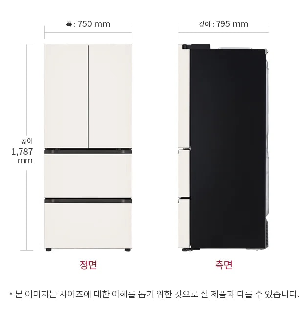 냉장고의 정면과 측면 모습이 나와 있으며, 정면의 폭은 750mm, 높이는 1,787mm입니다. 측면의 깊이는 795mm입니다. 하단에는 본 이미지는 사이즈에 대한 이해를 돕기 위한 것으로, 실 제품과 다를 수 있습니다.라는 문구가 포함되어 있습니다.