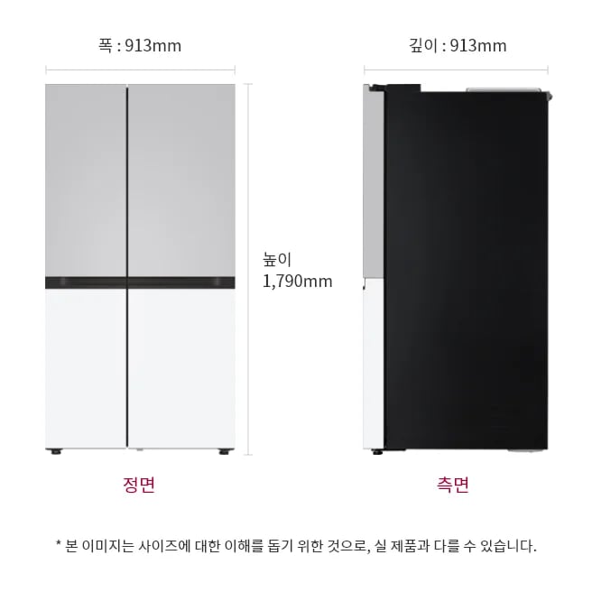 냉장고 정면과 측면 이미지, 크기 정보 표시: 폭 913mm, 깊이 913mm, 높이 1790mm, 본 이미지는 사이즈에 대한 이해를 돕기 위한 것으로, 실 제품과 다를 수 있습니다.